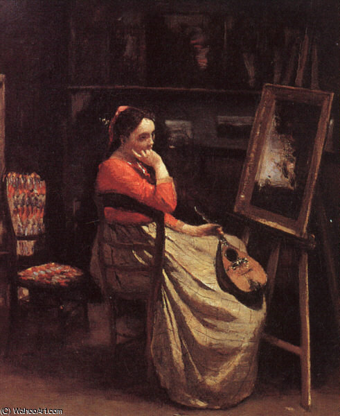 Wikioo.org - The Encyclopedia of Fine Arts - Painting, Artwork by Jean Baptiste Camille Corot - Young Woman with a Mandolin, Oil on canvas, Musé