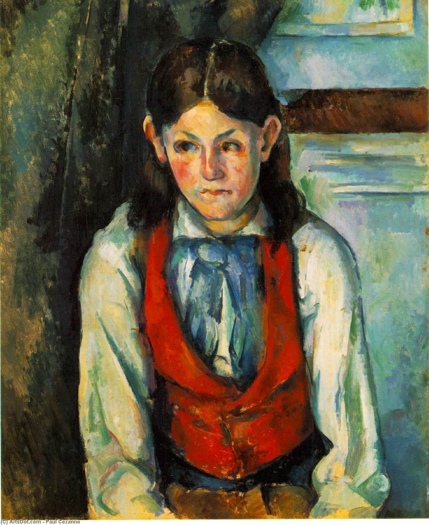 Wikioo.org - Bách khoa toàn thư về mỹ thuật - Vẽ tranh, Tác phẩm nghệ thuật Paul Cezanne - Garcon au gilet rouge,1888-90, barnes foundation