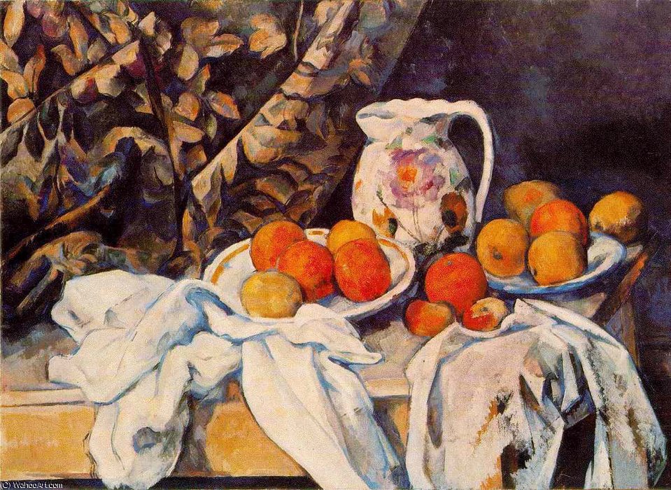 WikiOO.org - Encyclopedia of Fine Arts - Maleri, Artwork Paul Cezanne - Nature morte avec rideau et pichet fleuri,c.1899, er