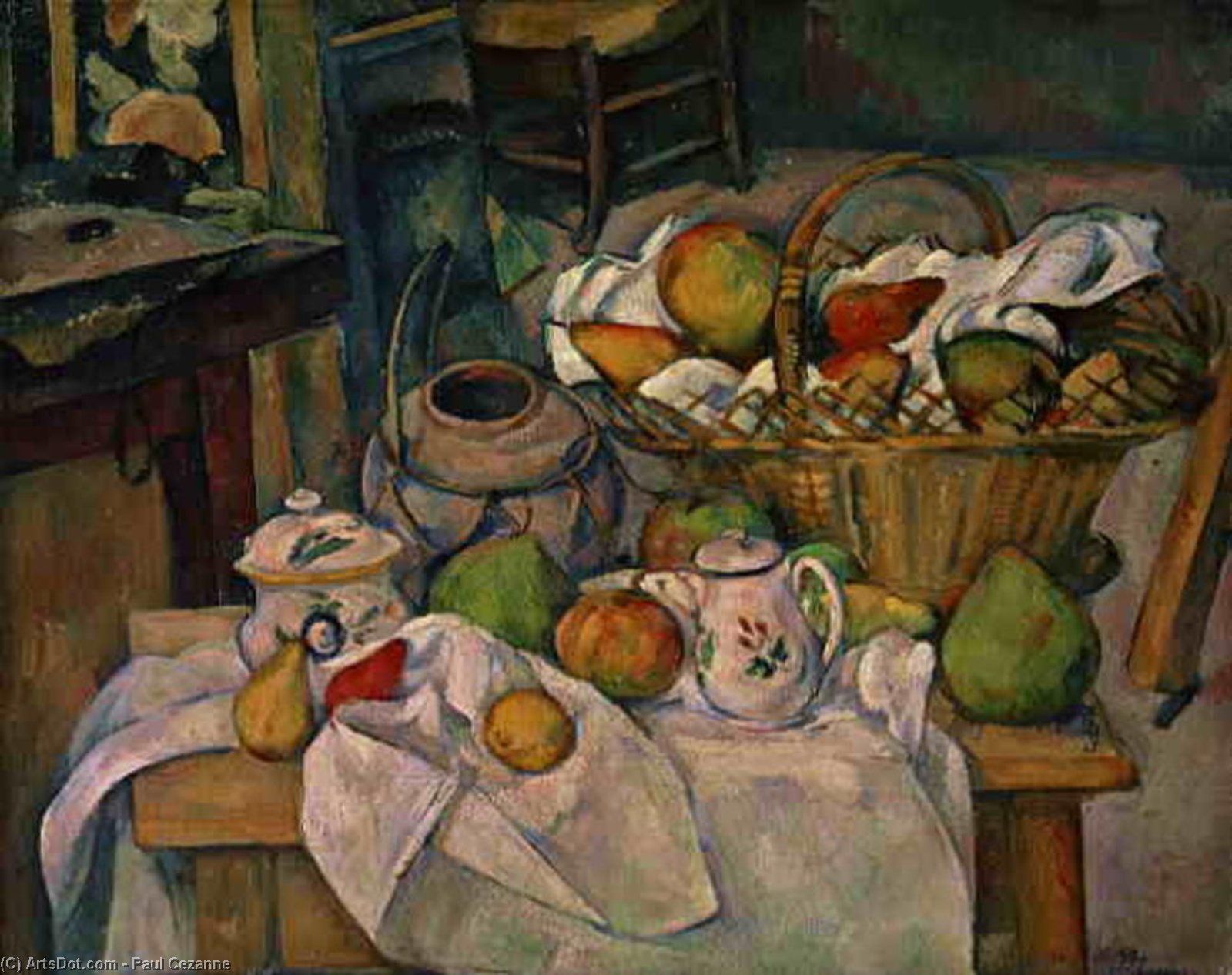 Wikioo.org - The Encyclopedia of Fine Arts - Painting, Artwork by Paul Cezanne - Still life with a basket (kitchen table),c.1890 - (95,)