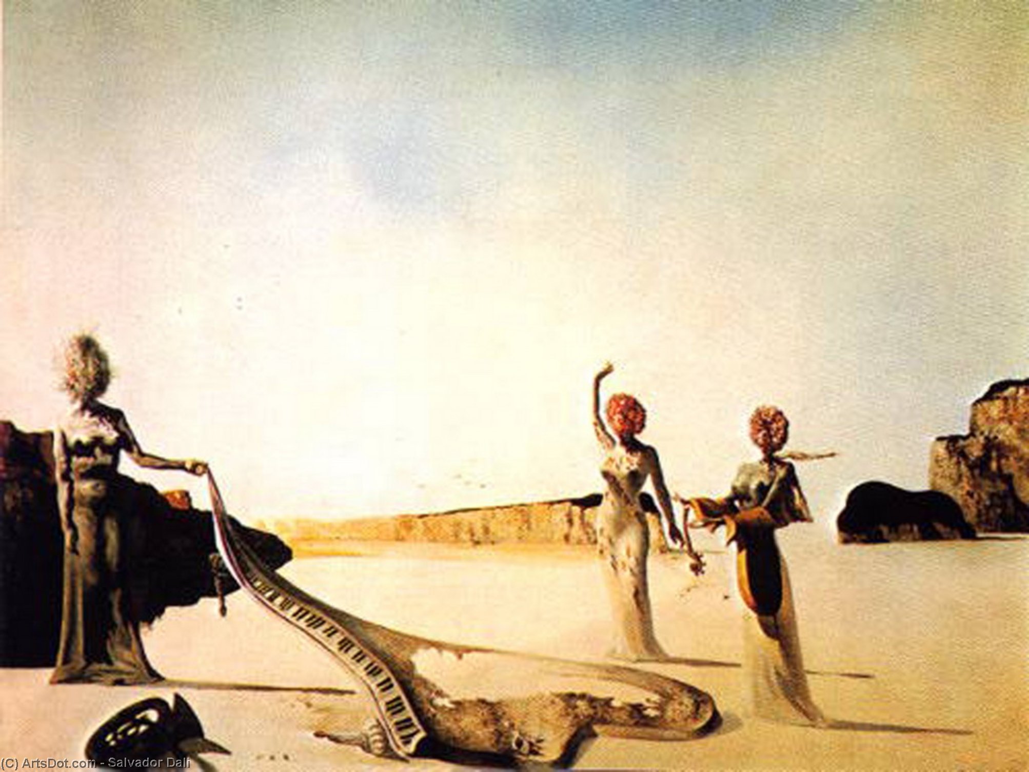 Wikioo.org - The Encyclopedia of Fine Arts - Painting, Artwork by Salvador Dali - Dalí three women with heads of flowers finding the skin of a