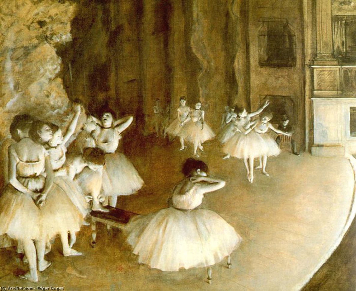 Wikioo.org - The Encyclopedia of Fine Arts - Painting, Artwork by Edgar Degas - Ballet Rehearsal on Stage, oil on canvas, Musée