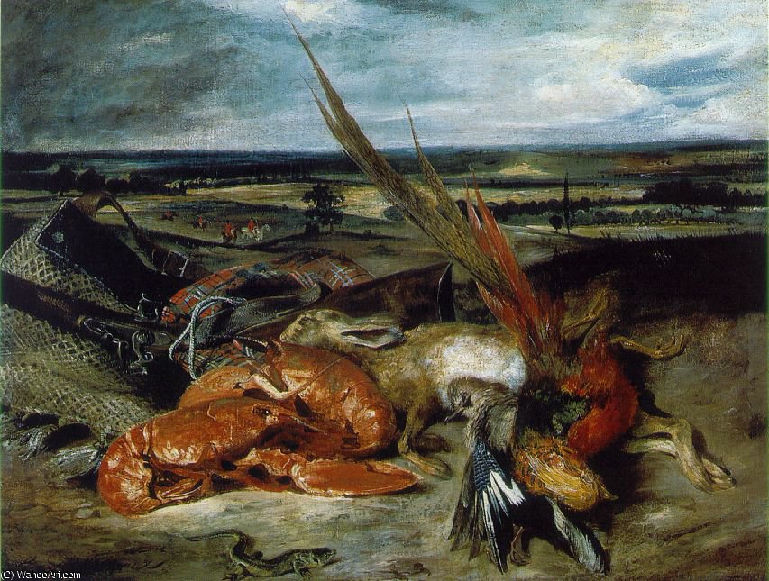 Wikioo.org - The Encyclopedia of Fine Arts - Painting, Artwork by Eugène Delacroix - Still Life with Lobsters, 80.5x106.5, Lou