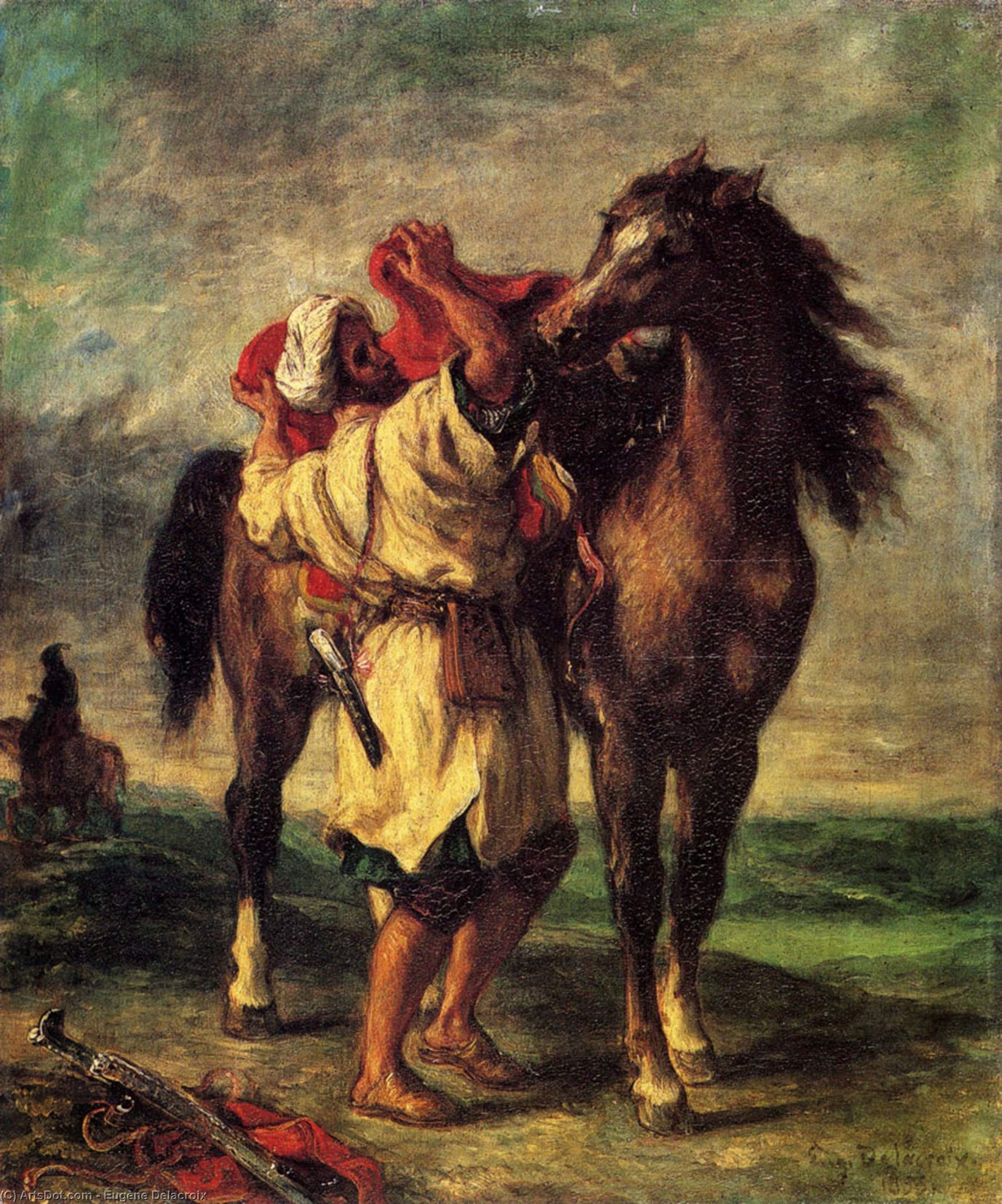 WikiOO.org - Енциклопедия за изящни изкуства - Живопис, Произведения на изкуството Eugène Delacroix - Ferdinand victor eugene a moroccan saddling a horse