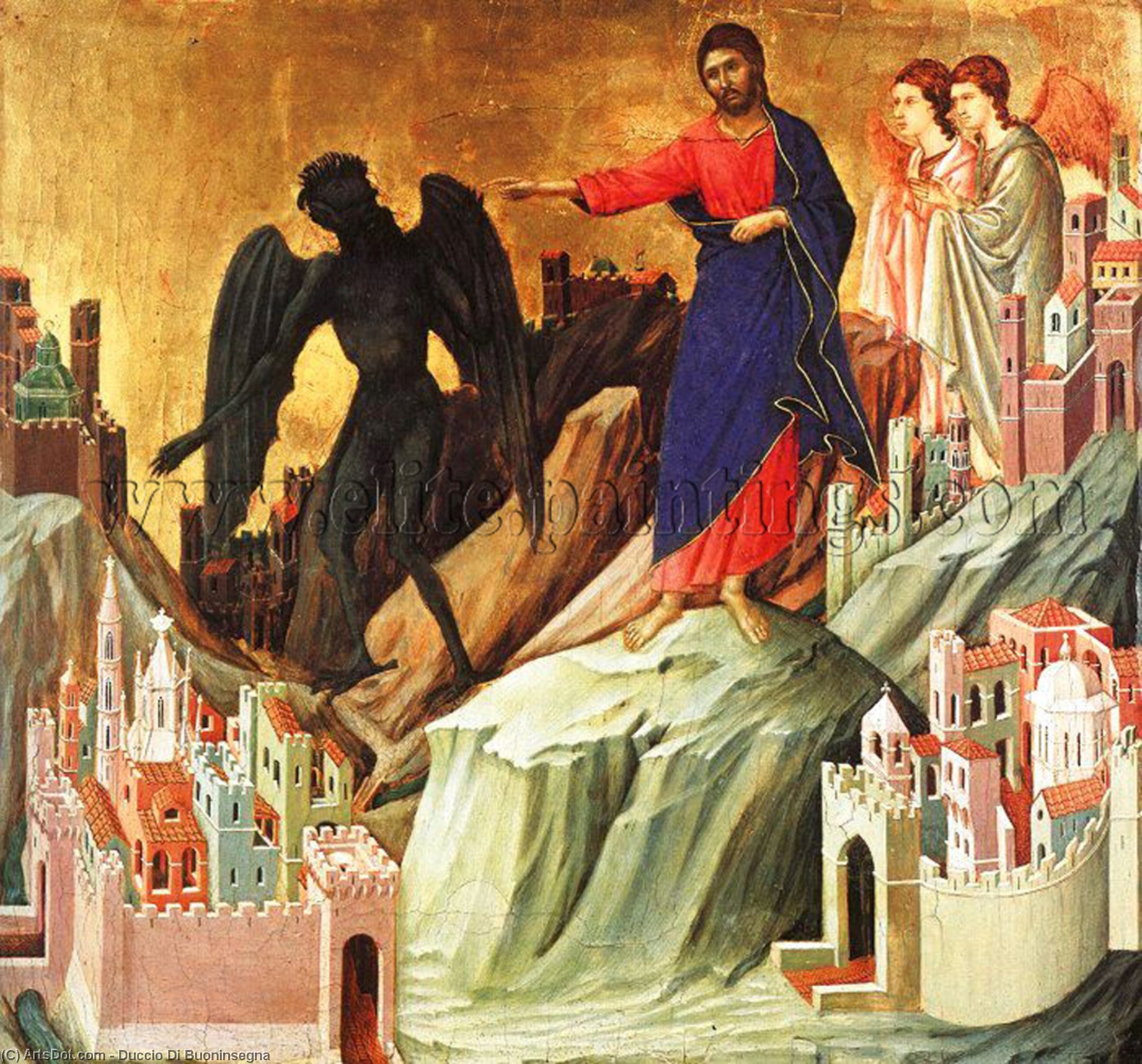 Wikioo.org - The Encyclopedia of Fine Arts - Painting, Artwork by Duccio Di Buoninsegna - Temptation on the Mount, Frick Collection, New York.