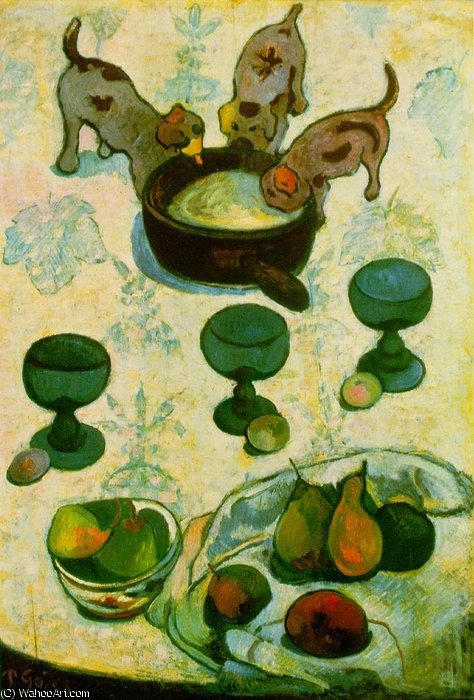 Wikioo.org - Encyklopedia Sztuk Pięknych - Malarstwo, Grafika Paul Gauguin - Still Life with Three Puppies, Mom