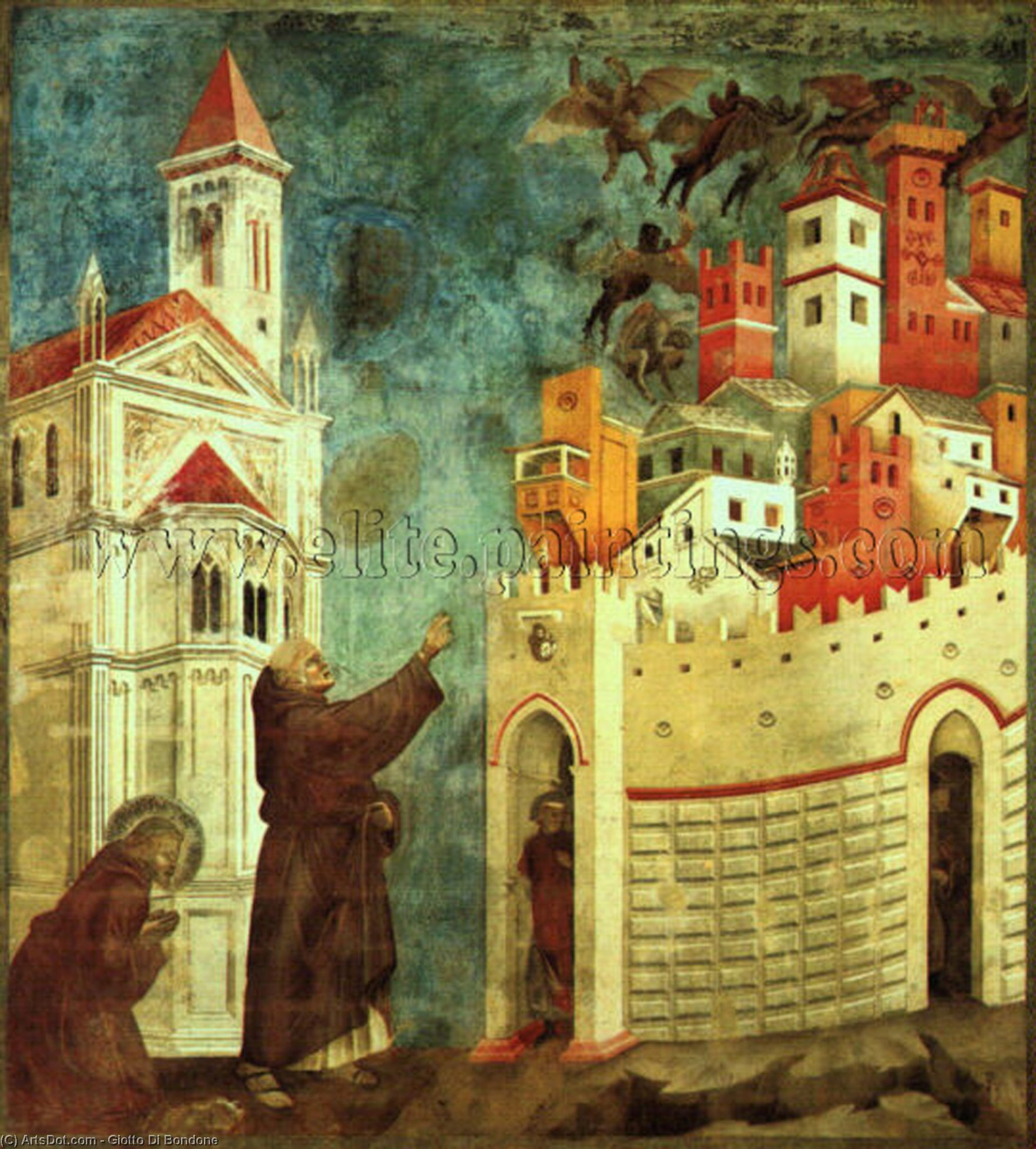 Wikioo.org - Die Enzyklopädie bildender Kunst - Malerei, Kunstwerk von Giotto Di Bondone - die teufel austreiben von arezzo , vor 1300 , fresko , U