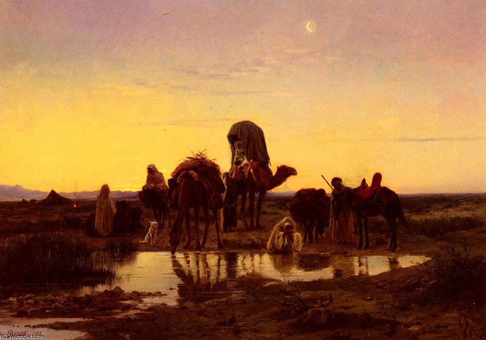 Wikioo.org - The Encyclopedia of Fine Arts - Painting, Artwork by Eugène Alexis Girardet - Camel train by an oasis at dawn