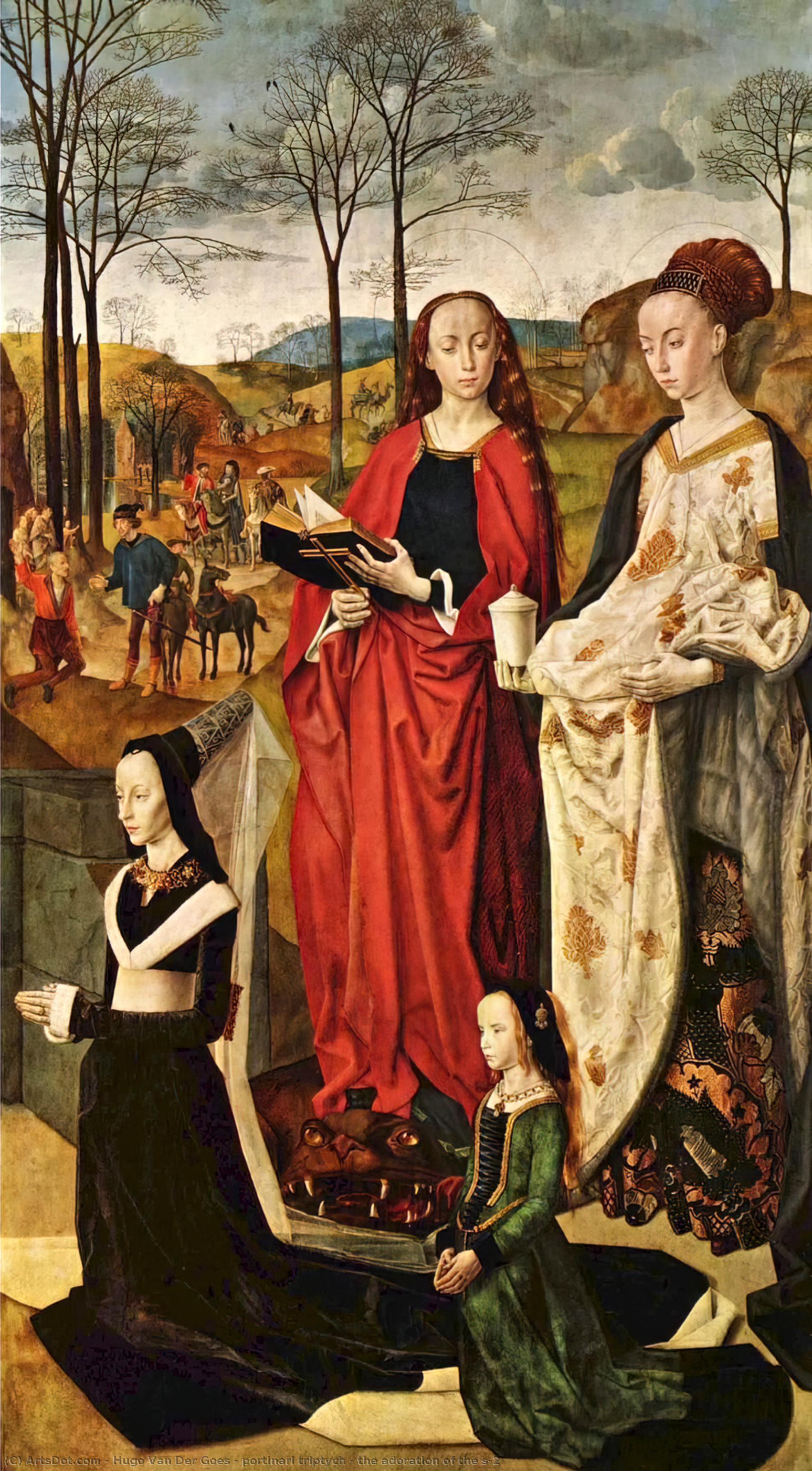 Wikioo.org - The Encyclopedia of Fine Arts - Painting, Artwork by Hugo Van Der Goes - Portinari triptych - Mary Magdalen (with the pot of ointment) and Saint Margaret (with the book and the dragon)