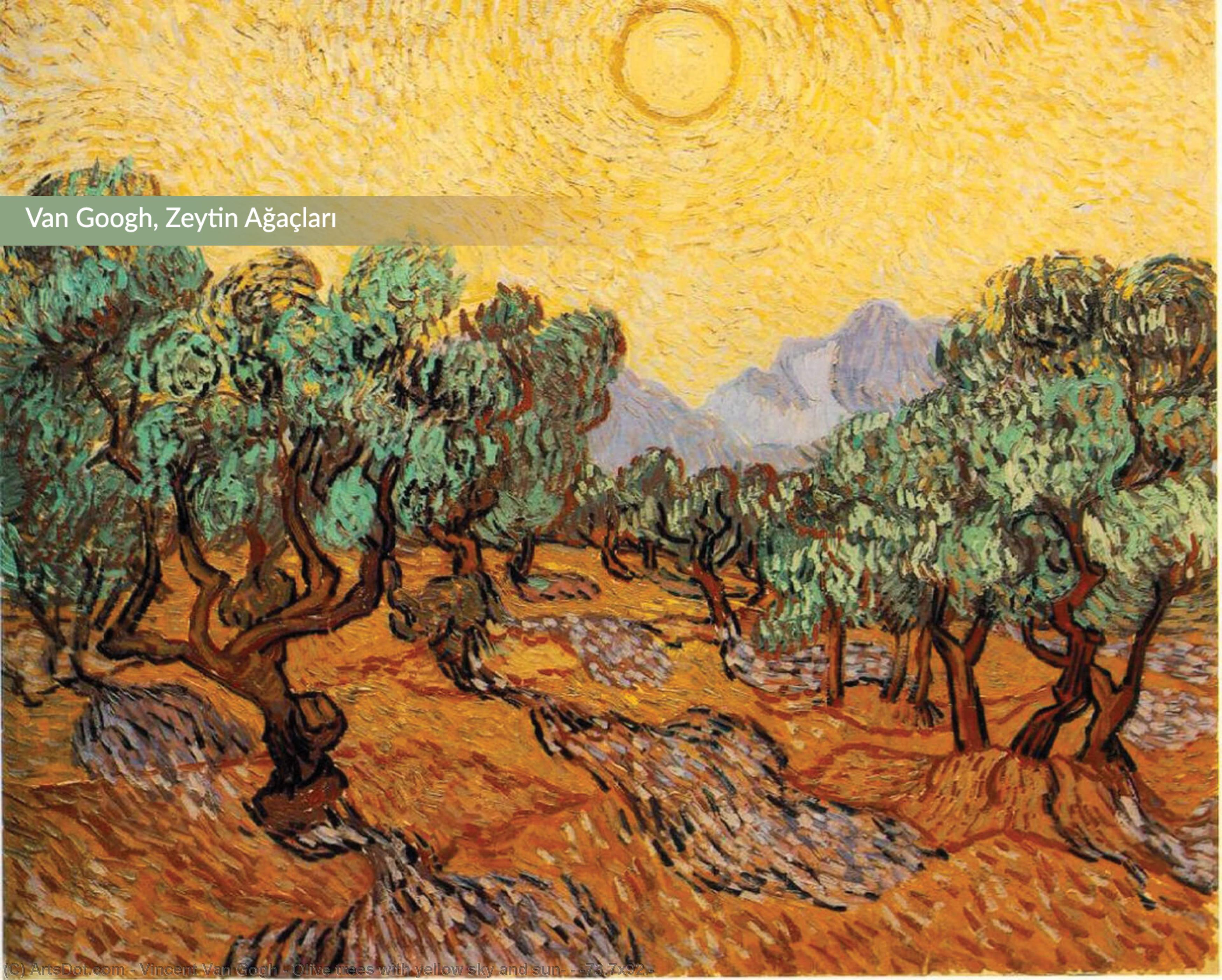 Wikioo.org - The Encyclopedia of Fine Arts - Painting, Artwork by Vincent Van Gogh - Olive trees with yellow sky and sun, - (73.7x92.)