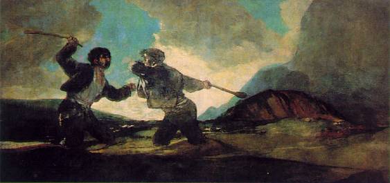 Wikoo.org - موسوعة الفنون الجميلة - اللوحة، العمل الفني Francisco De Goya - Fight with cudgels, Oil on plaster transferred