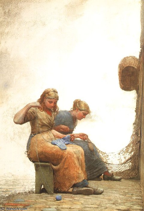Wikioo.org – La Enciclopedia de las Bellas Artes - Pintura, Obras de arte de Winslow Homer - reparando las redes , acuarela y aguada sobre gr