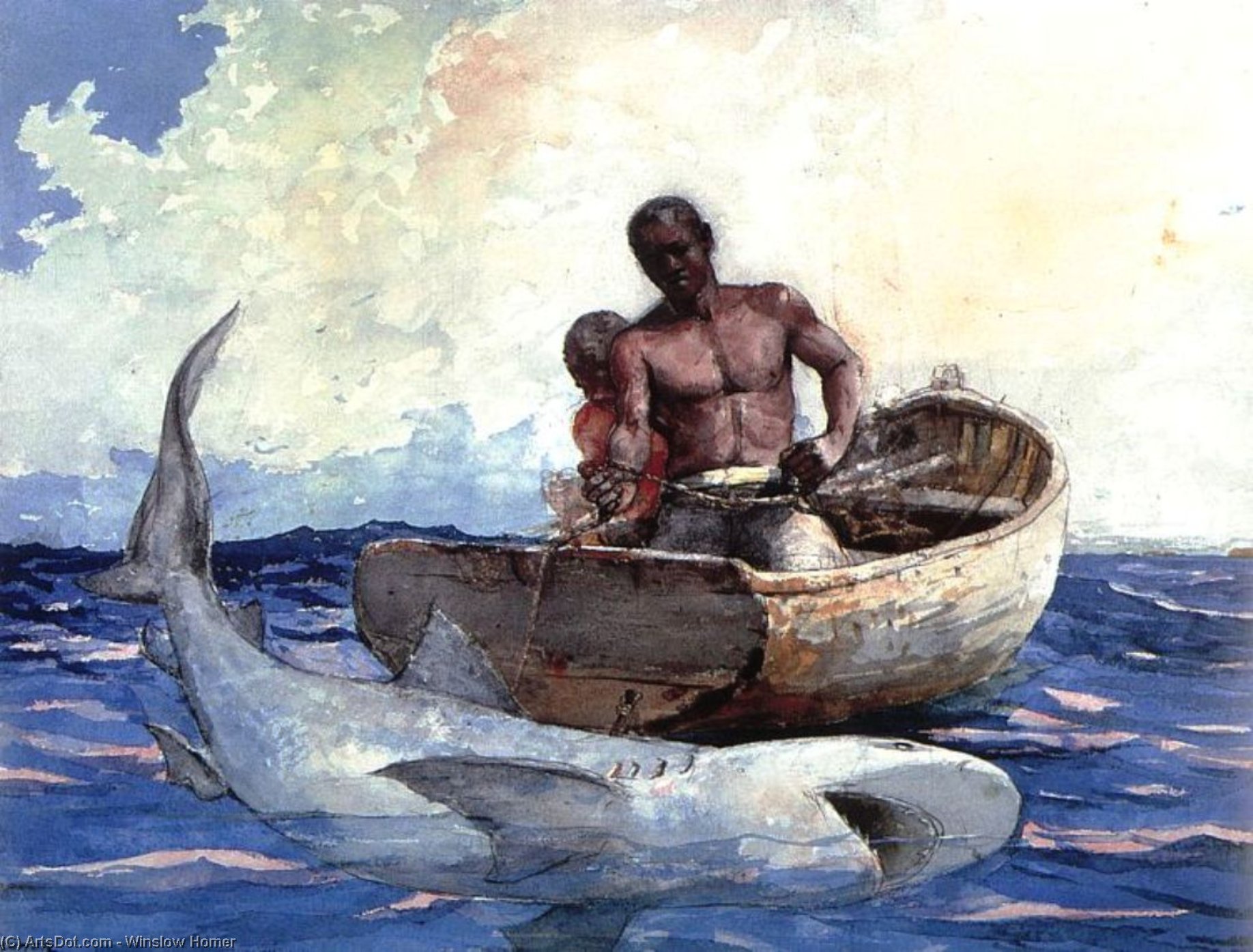 WikiOO.org - Encyclopedia of Fine Arts - Festés, Grafika Winslow Homer - Shark Fishing, watercolor, private collection.