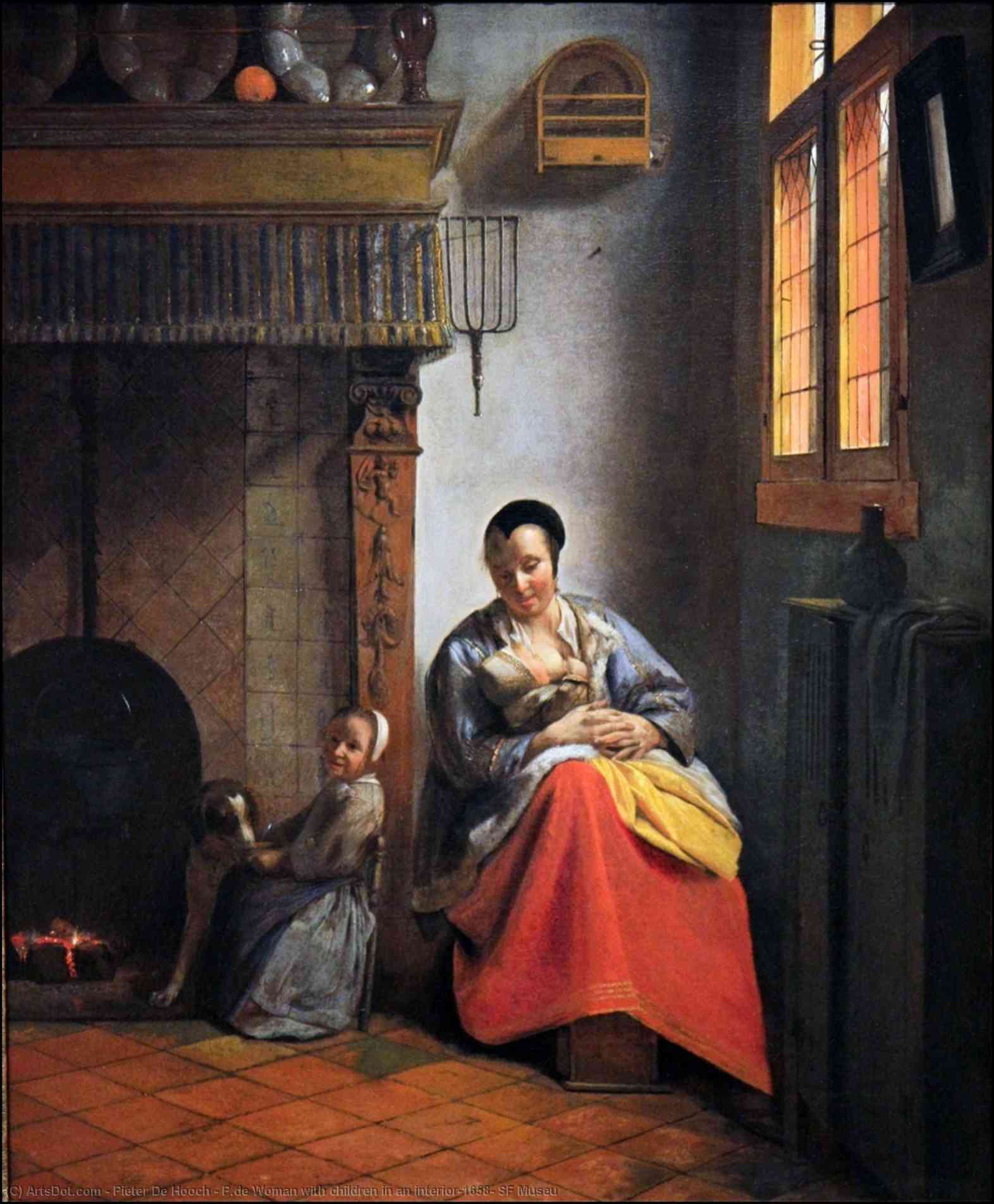 Wikioo.org - The Encyclopedia of Fine Arts - Painting, Artwork by Pieter De Hooch - P.de Woman with children in an interior,1658, SF Museu