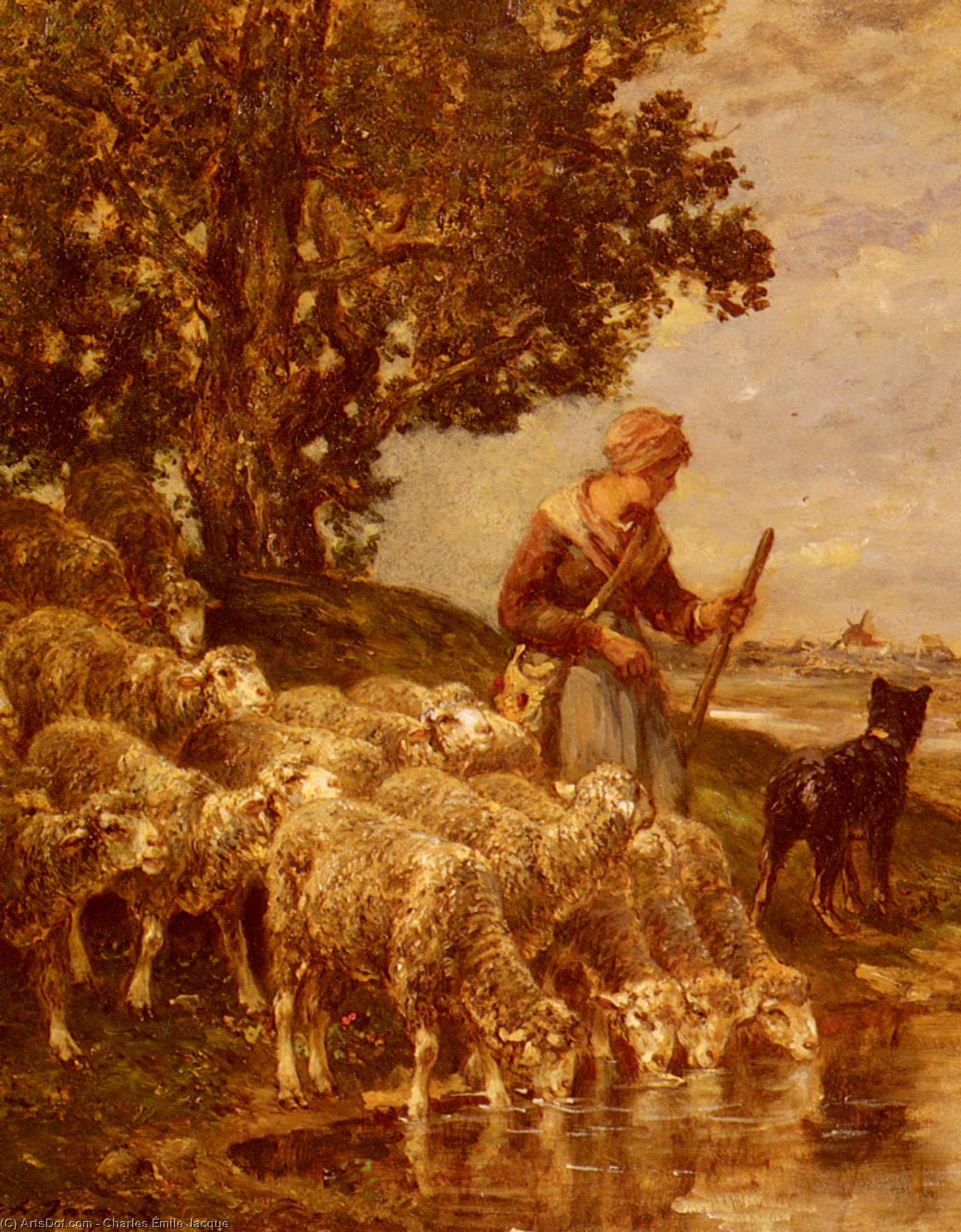 WikiOO.org – 美術百科全書 - 繪畫，作品 Charles Émile Jacque - 一个 shepardess 浇水 她的羊群