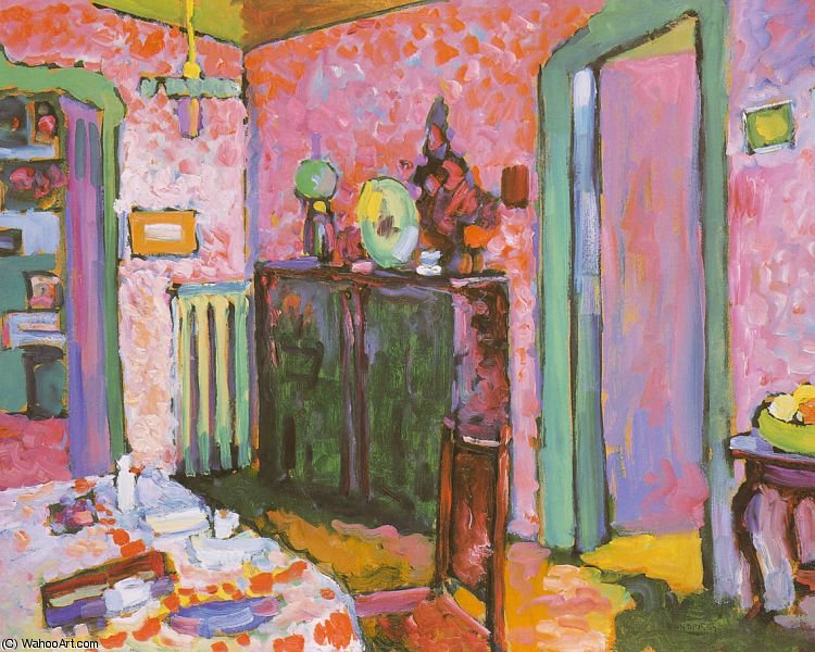 Wikoo.org - موسوعة الفنون الجميلة - اللوحة، العمل الفني Wassily Kandinsky - Interior (My Dining Room), oil on cardboard,