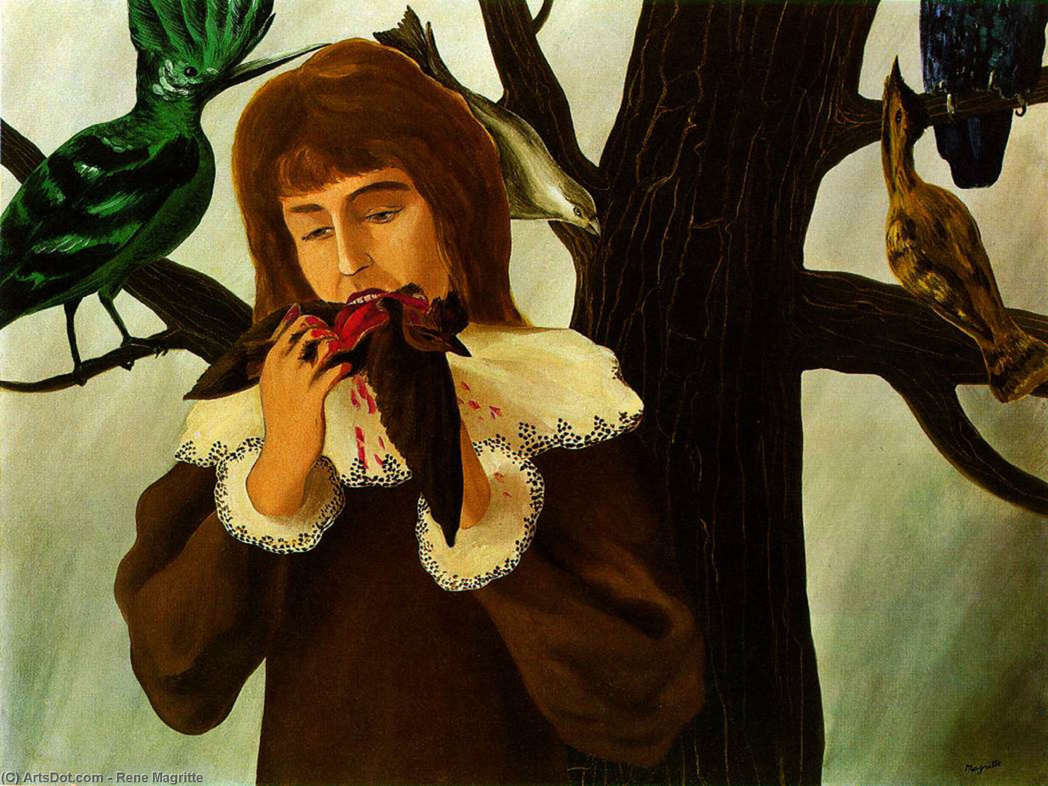 WikiOO.org - Encyclopedia of Fine Arts - Festés, Grafika Rene Magritte - Young girl eating a bird