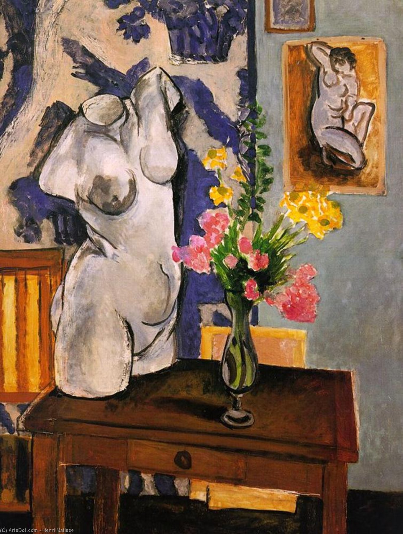 WikiOO.org - אנציקלופדיה לאמנויות יפות - ציור, יצירות אמנות Henri Matisse - Plaster Torso and Bouquet of Flowers, oil on c