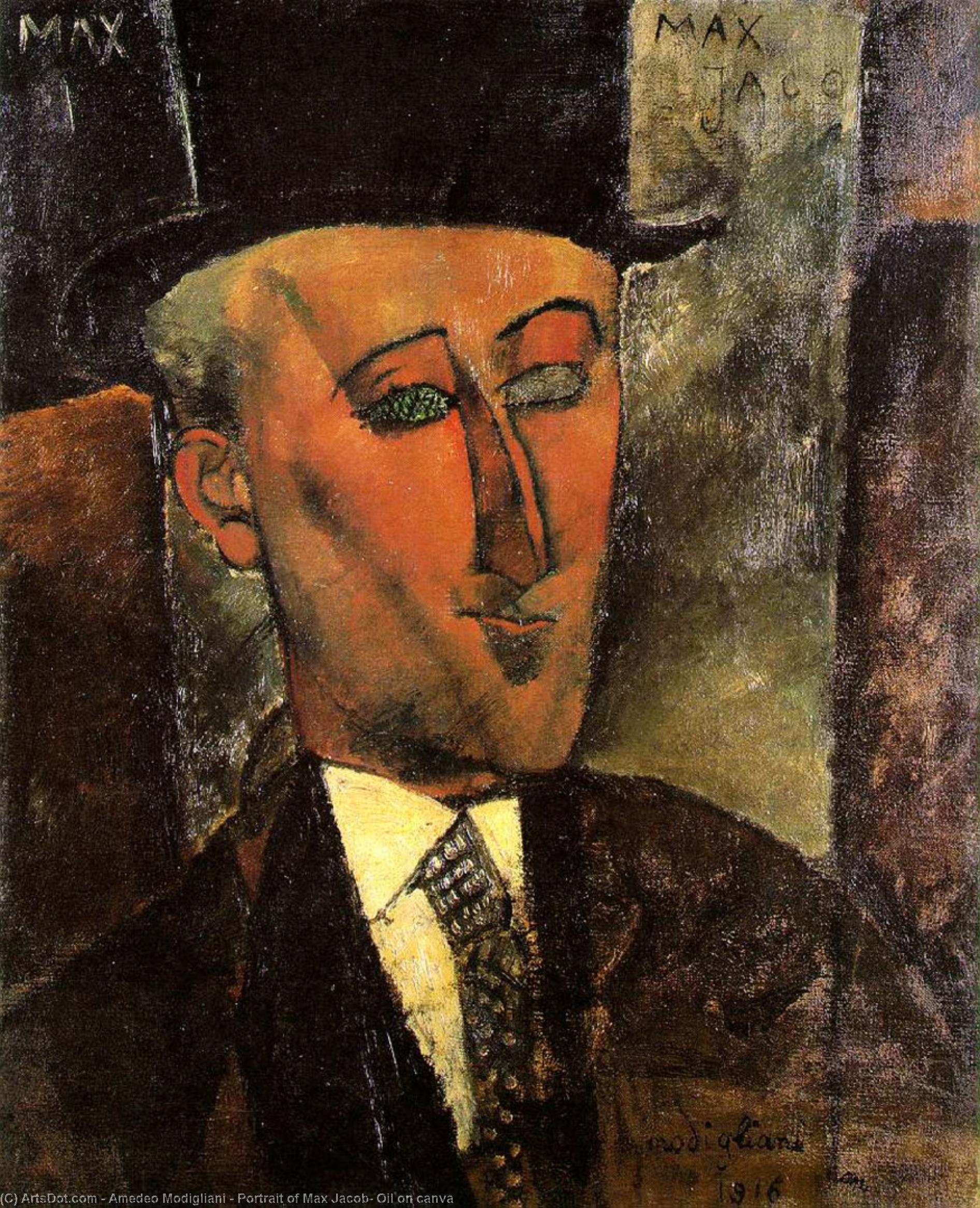 Wikioo.org – La Enciclopedia de las Bellas Artes - Pintura, Obras de arte de Amedeo Modigliani - retrato de max jacob , En el petróleo canva