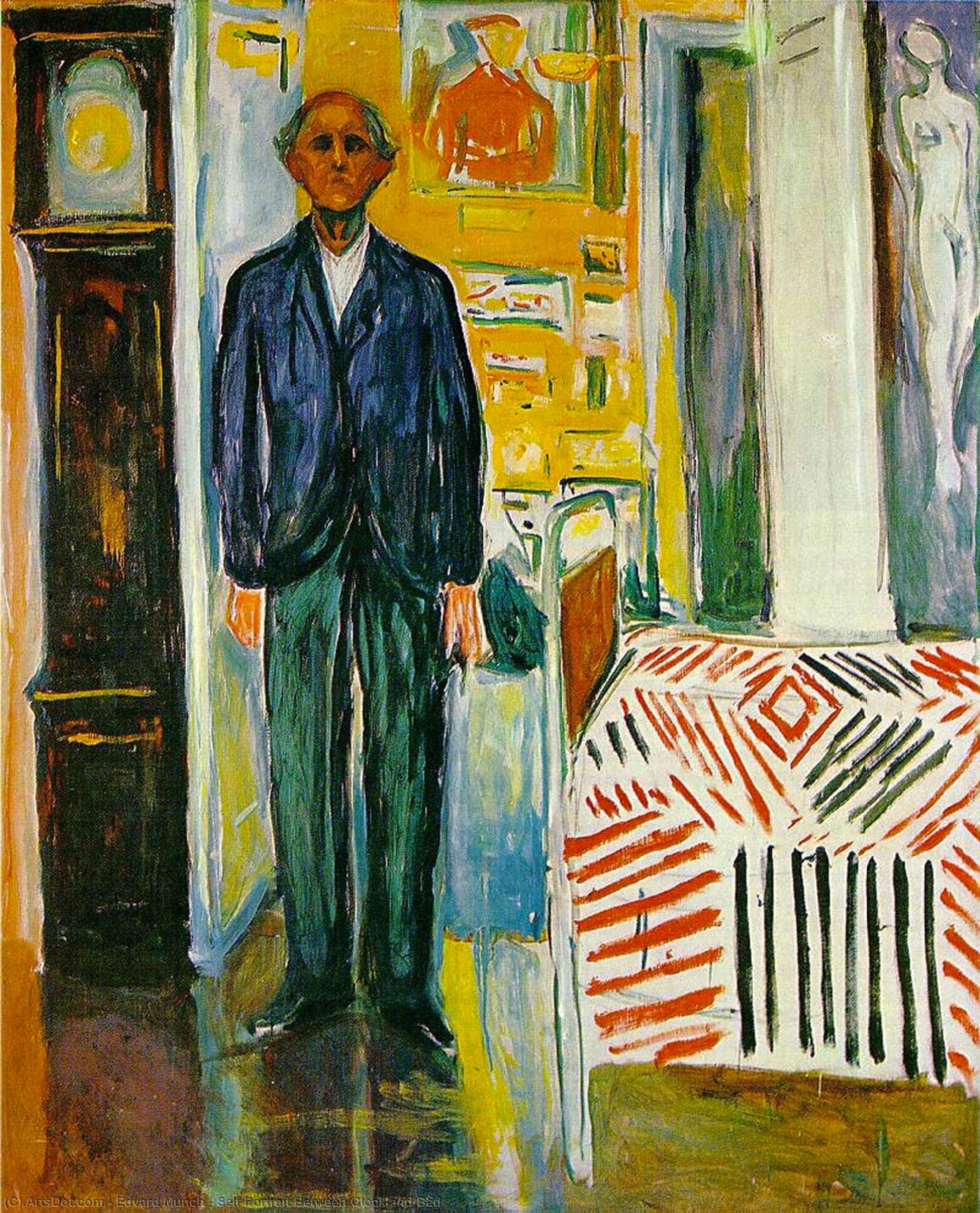 Wikioo.org - Bách khoa toàn thư về mỹ thuật - Vẽ tranh, Tác phẩm nghệ thuật Edvard Munch - Self Portrait Between Clock and Bed