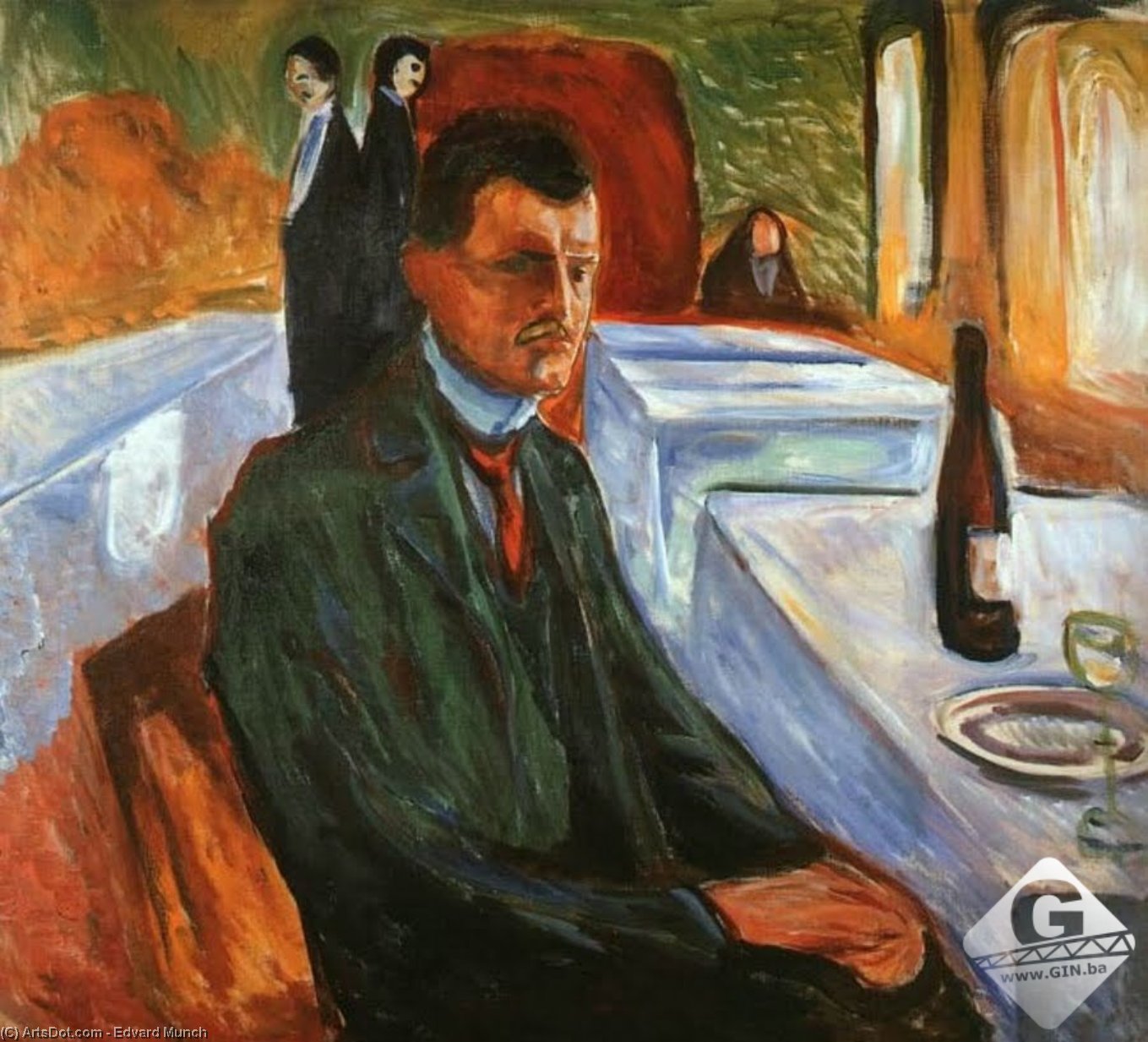 Wikioo.org - The Encyclopedia of Fine Arts - Painting, Artwork by Edvard Munch - Self-Portrait with a Wine Bottle, oil on canvas,