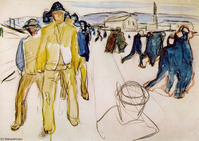 WikiOO.org - Encyclopedia of Fine Arts - Maalaus, taideteos Edvard Munch - Workers returning home Watercolor after Kommunes