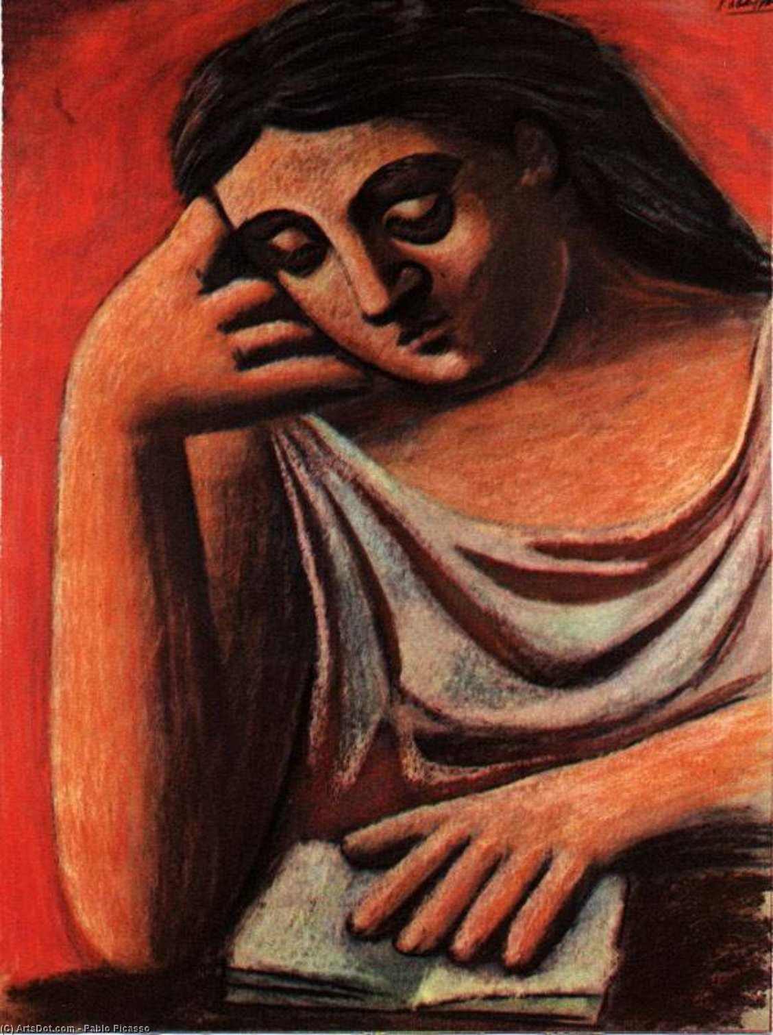 WikiOO.org - Güzel Sanatlar Ansiklopedisi - Resim, Resimler Pablo Picasso - Femme assise devant un livre