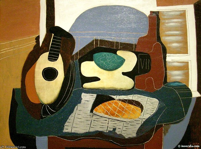 WikiOO.org - Encyclopedia of Fine Arts - Maalaus, taideteos Pablo Picasso - Mandoline, panier de fruits,bouteille et patisserie