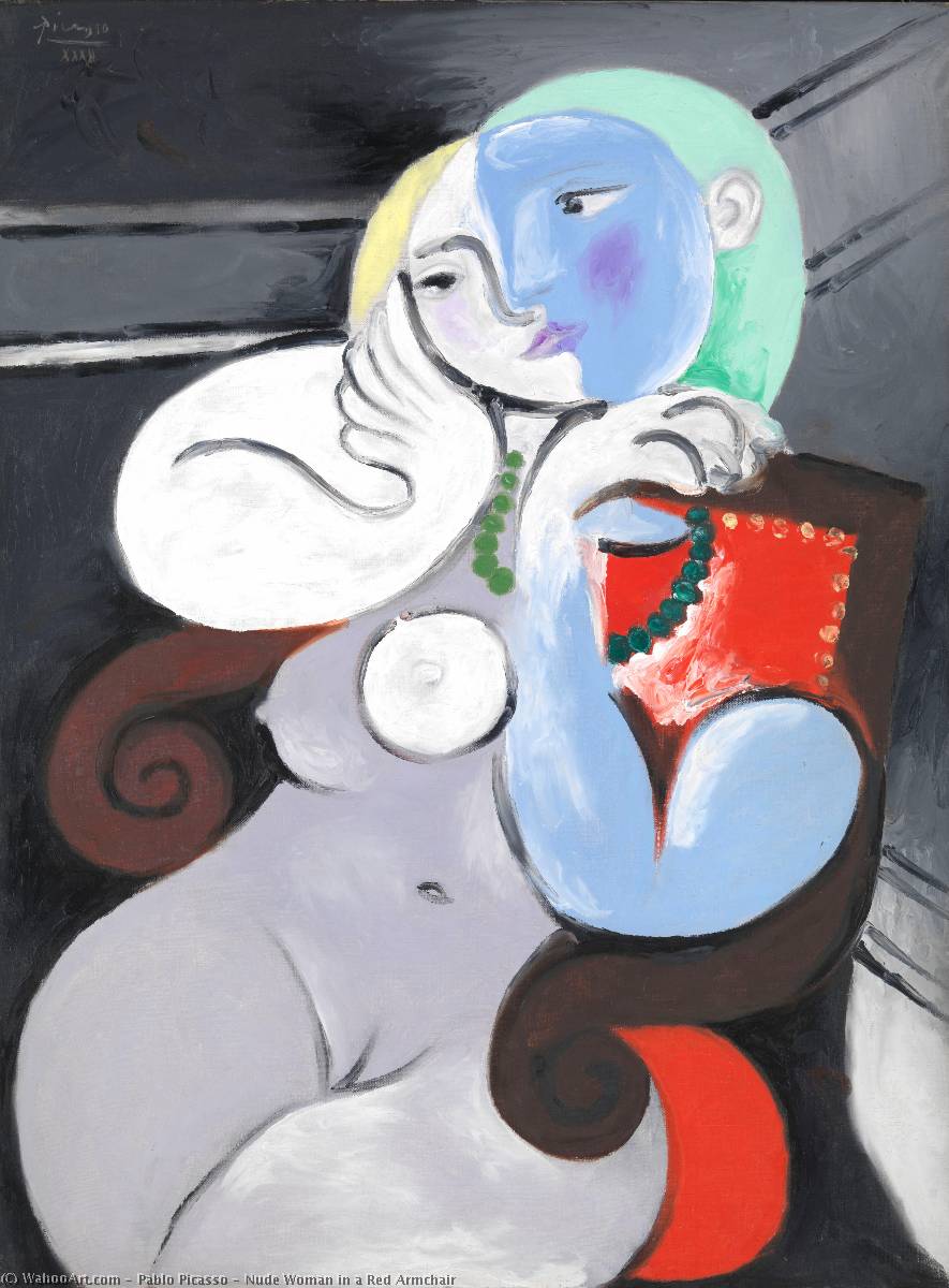 Wikioo.org – L'Enciclopedia delle Belle Arti - Pittura, Opere di Pablo Picasso - donna nuda contro  Un  rosso  poltrona