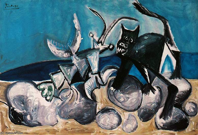 Wikioo.org - The Encyclopedia of Fine Arts - Painting, Artwork by Pablo Picasso - Chat et homard sur la plage
