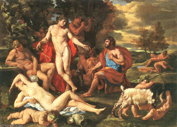 WikiOO.org – 美術百科全書 - 繪畫，作品 Nicolas Poussin - 迈达斯和酒神 油  对  帆布  绘画陈列馆  一个