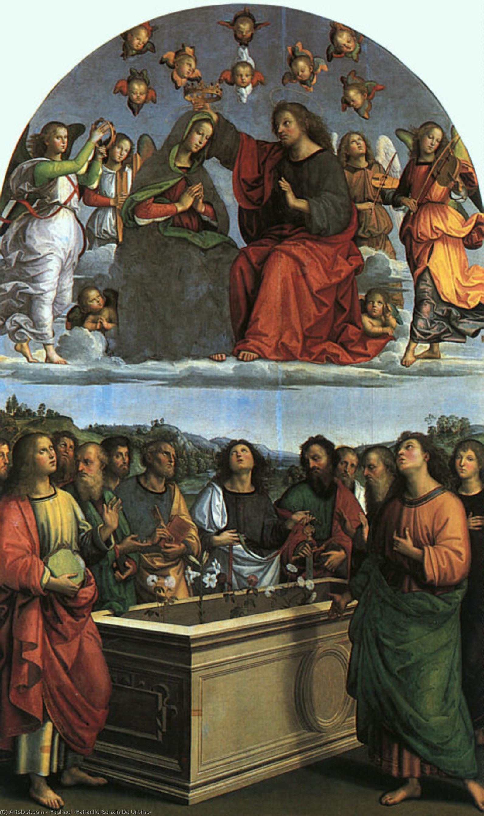 Wikioo.org - Die Enzyklopädie bildender Kunst - Malerei, Kunstwerk von Raphael (Raffaello Sanzio Da Urbino) - krönung von die jungfrau ( Oddi Altarbild ) ,