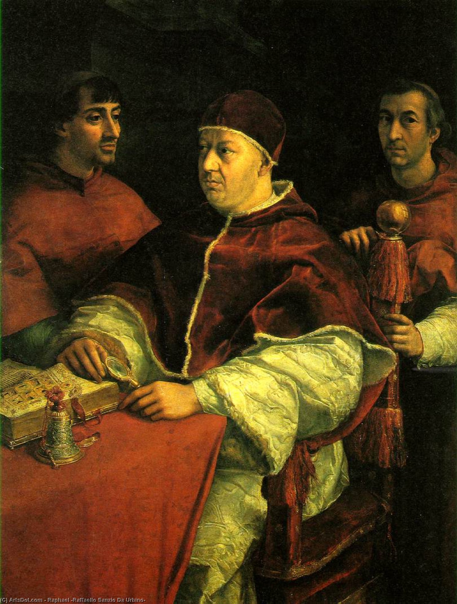 Wikioo.org – La Enciclopedia de las Bellas Artes - Pintura, Obras de arte de Raphael (Raffaello Sanzio Da Urbino) - Papa León x con dos cardenales , T