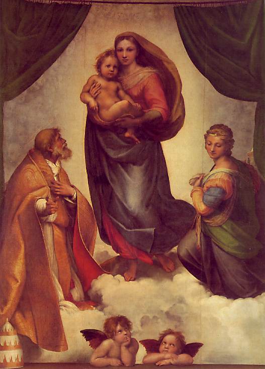 Wikioo.org - สารานุกรมวิจิตรศิลป์ - จิตรกรรม Raphael (Raffaello Sanzio Da Urbino) - The Sistine madonna, ca Gemae