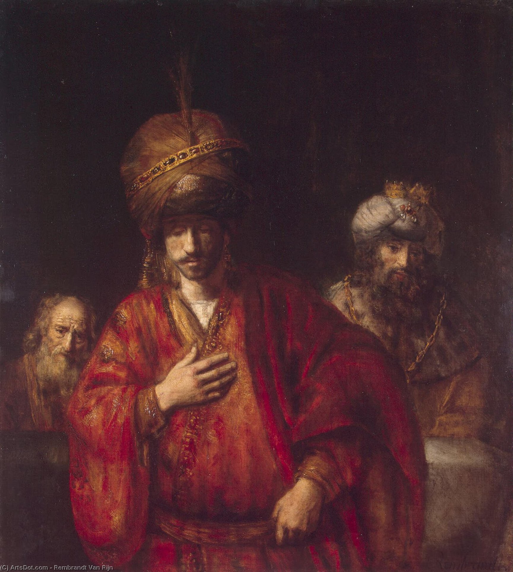 Wikioo.org – La Enciclopedia de las Bellas Artes - Pintura, Obras de arte de Rembrandt Van Rijn - Amán reconoce  su  sino  alrededor de