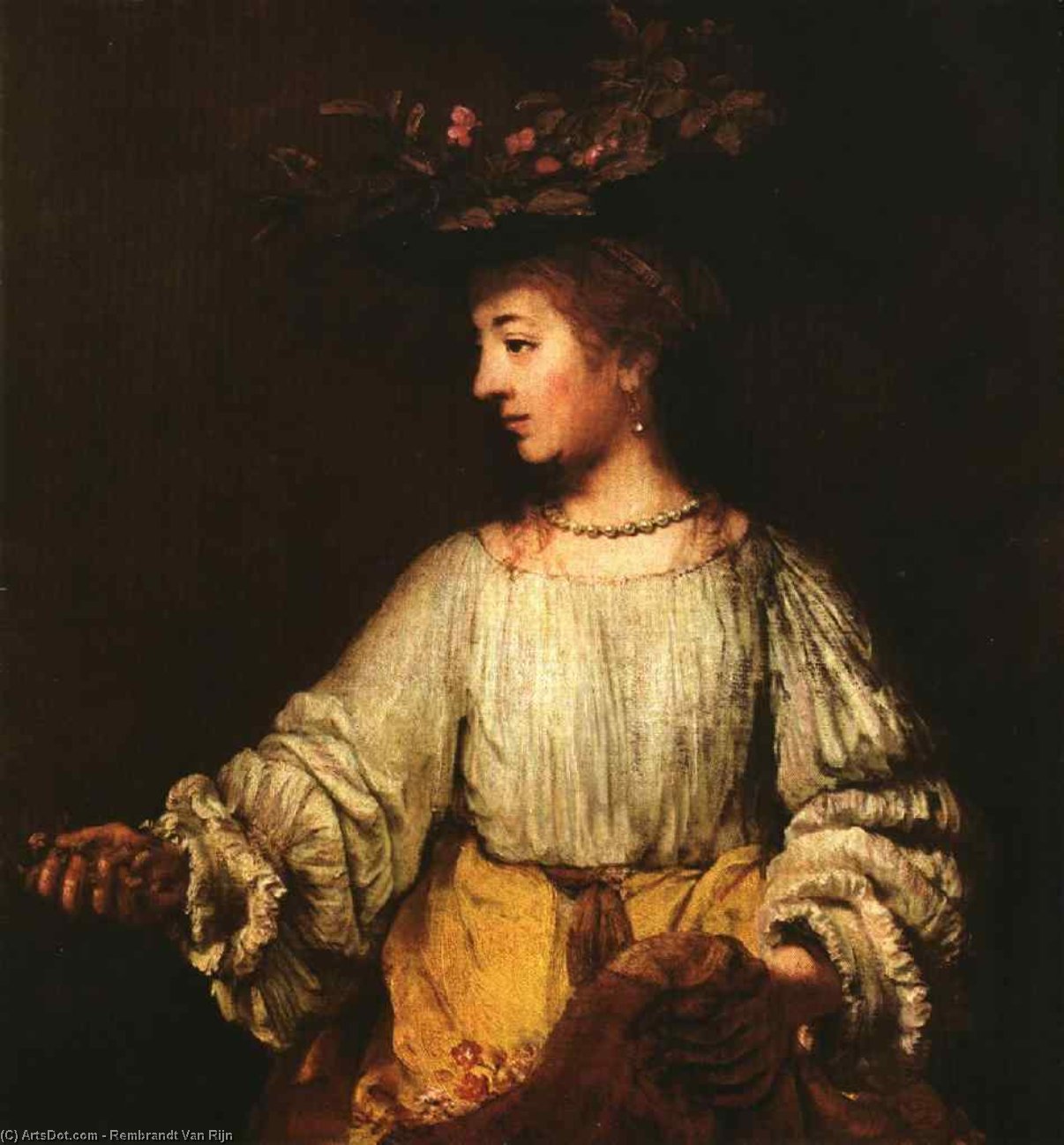 Wikoo.org - موسوعة الفنون الجميلة - اللوحة، العمل الفني Rembrandt Van Rijn - Portrait of Hendrickje Stofells as Flora, Me