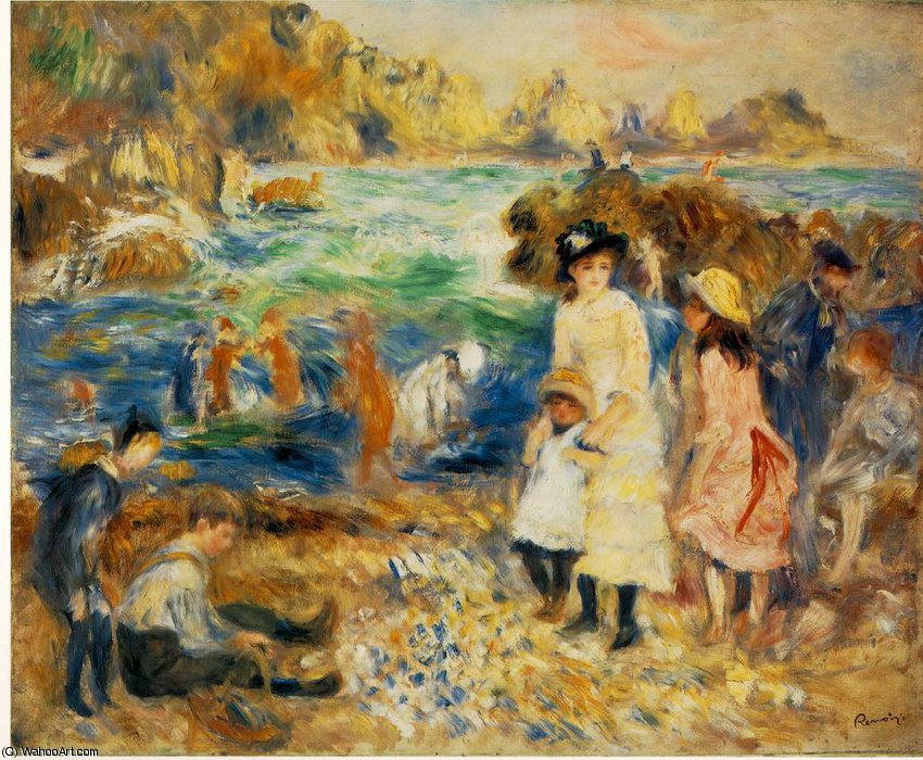 Wikioo.org – La Enciclopedia de las Bellas Artes - Pintura, Obras de arte de Pierre-Auguste Renoir - playa escena , Guernesey ( Niños au borda delaware la mer un Gu