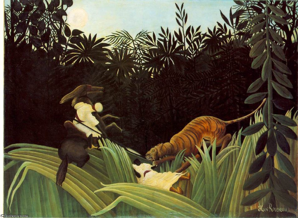 Wikioo.org – L'Encyclopédie des Beaux Arts - Peinture, Oeuvre de Henri Julien Félix Rousseau (Le Douanier) - Scout Attaqué par un Tigre (attaque par Eclaireur