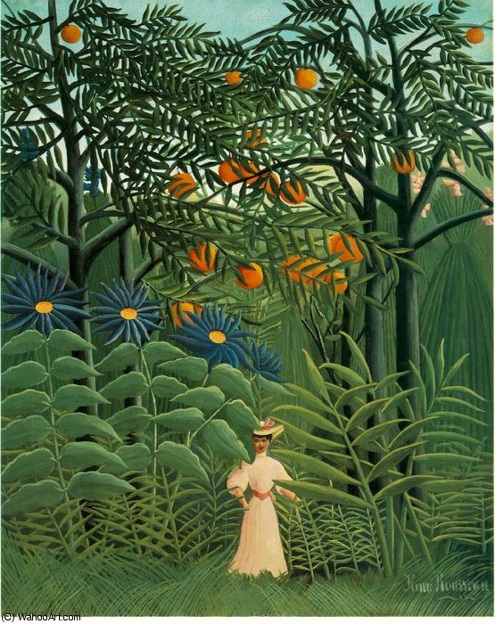 Wikioo.org – L'Encyclopédie des Beaux Arts - Peinture, Oeuvre de Henri Emilien Rousseau - femme promenade dans un exotique forêt ( Femme se le bal