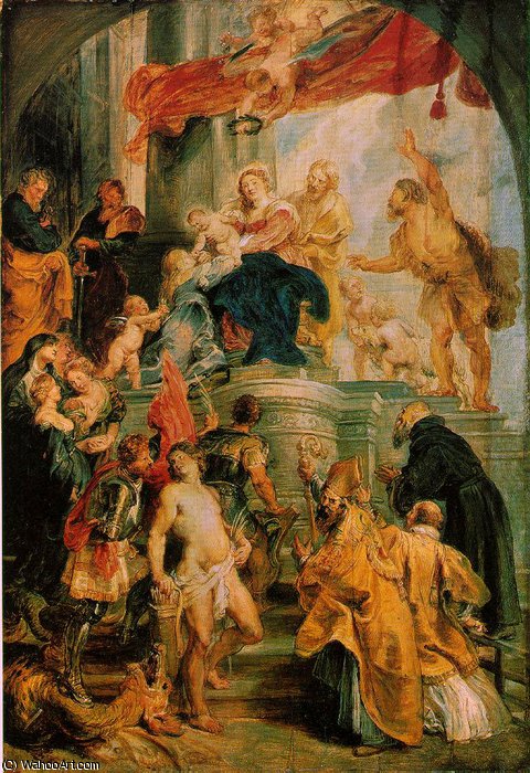 Wikioo.org - The Encyclopedia of Fine Arts - Painting, Artwork by Peter Paul Rubens - Virgin and child enthroned with saints c.1627-28, Ske