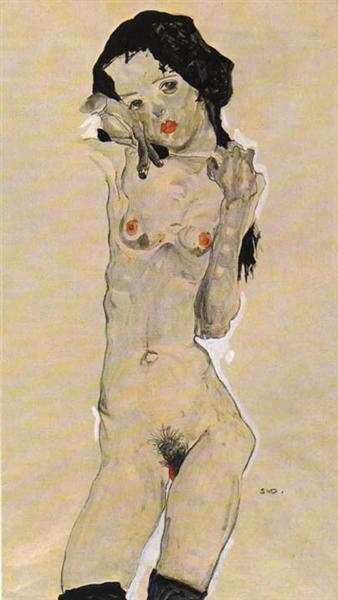 WikiOO.org – 美術百科全書 - 繪畫，作品 Egon Schiele - 裸体 black-haired 女孩
