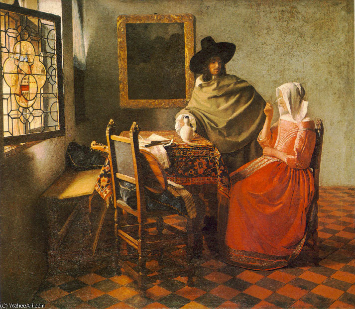 WikiOO.org – 美術百科全書 - 繪畫，作品 Jan Vermeer -  的 玻璃 的  红酒  油画馆