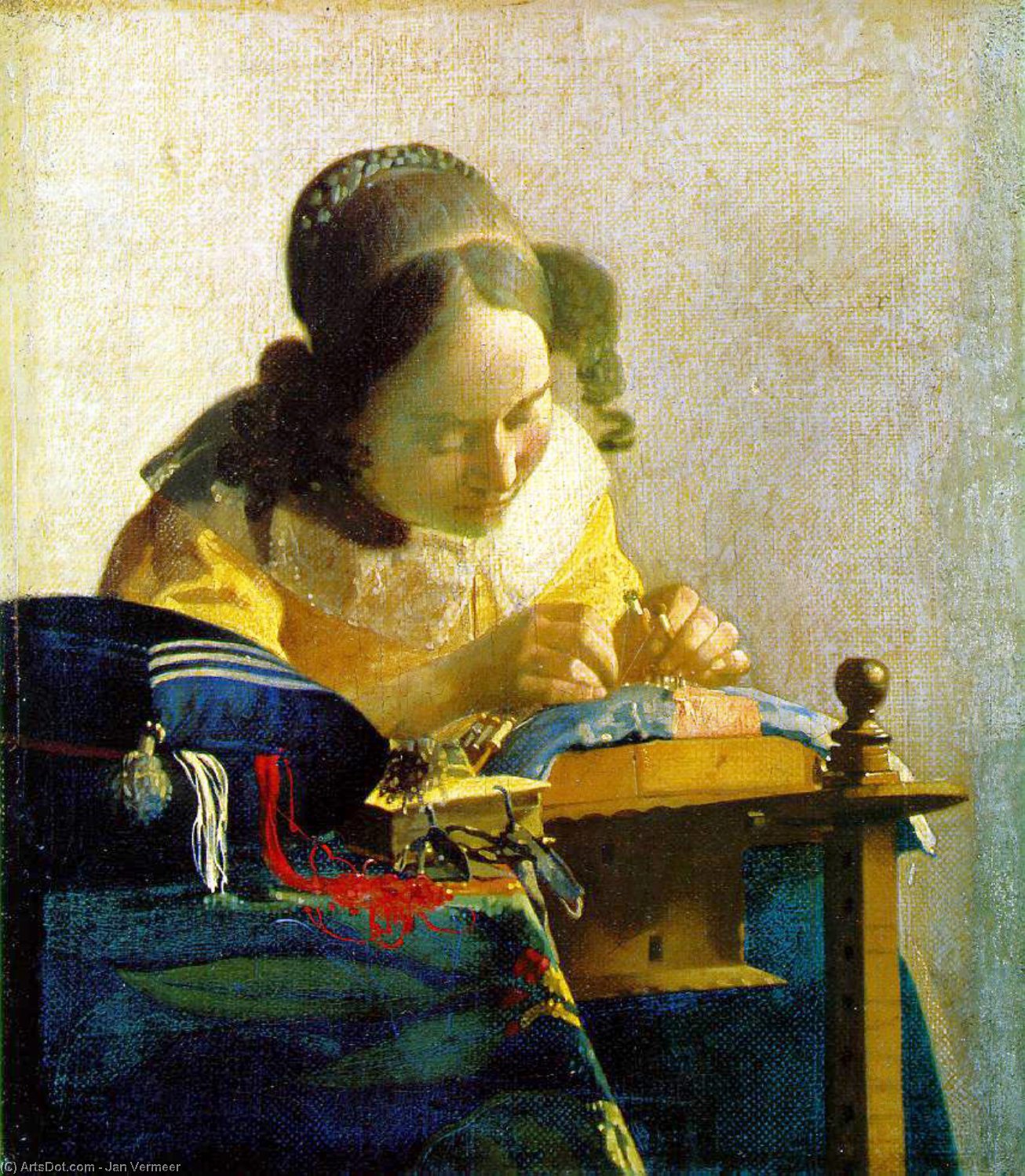 Wikoo.org - موسوعة الفنون الجميلة - اللوحة، العمل الفني Jan Vermeer - The lacemaker, Louvre