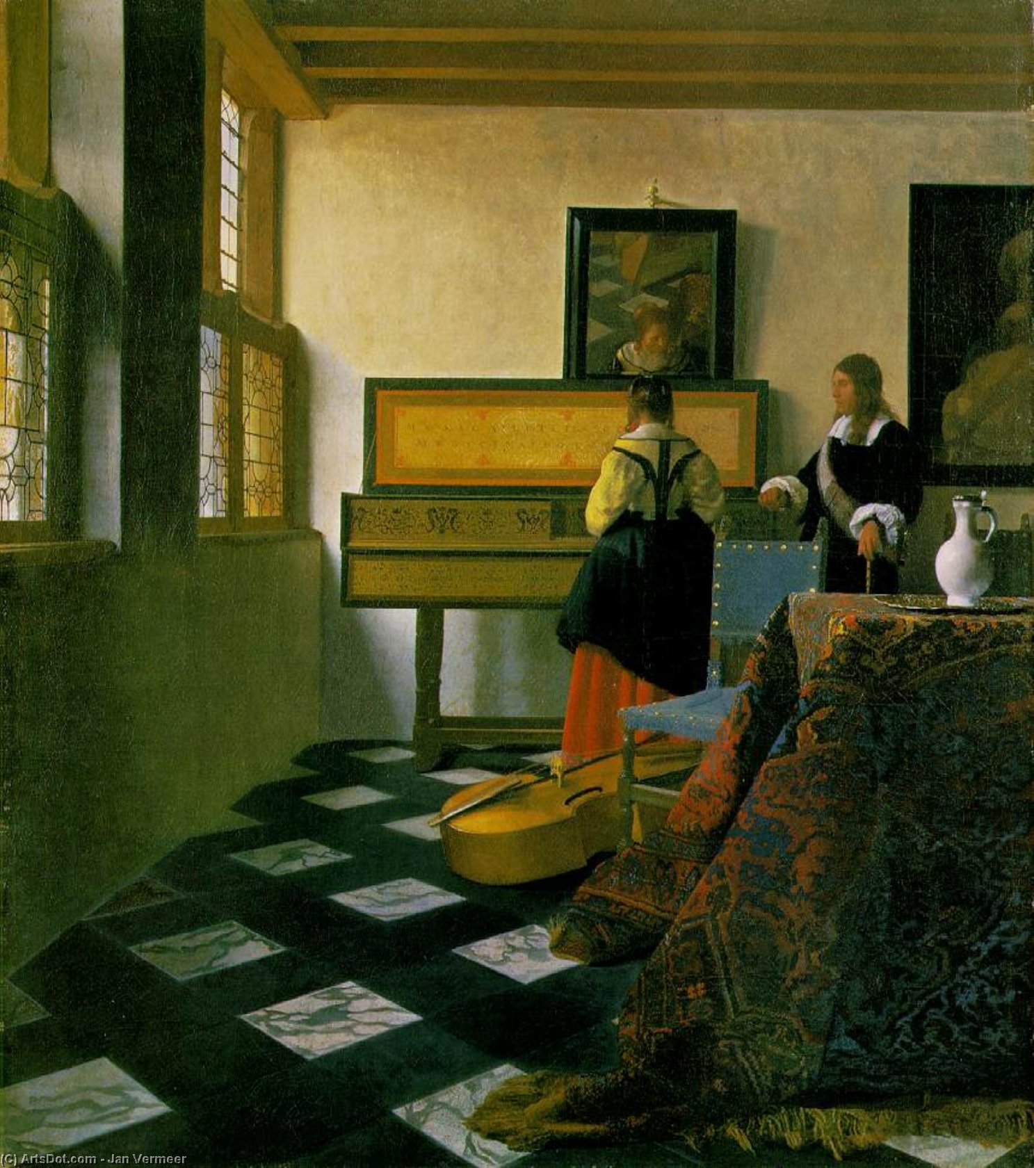 Wikioo.org - Bách khoa toàn thư về mỹ thuật - Vẽ tranh, Tác phẩm nghệ thuật Jan Vermeer - The music lesson, ca Royal