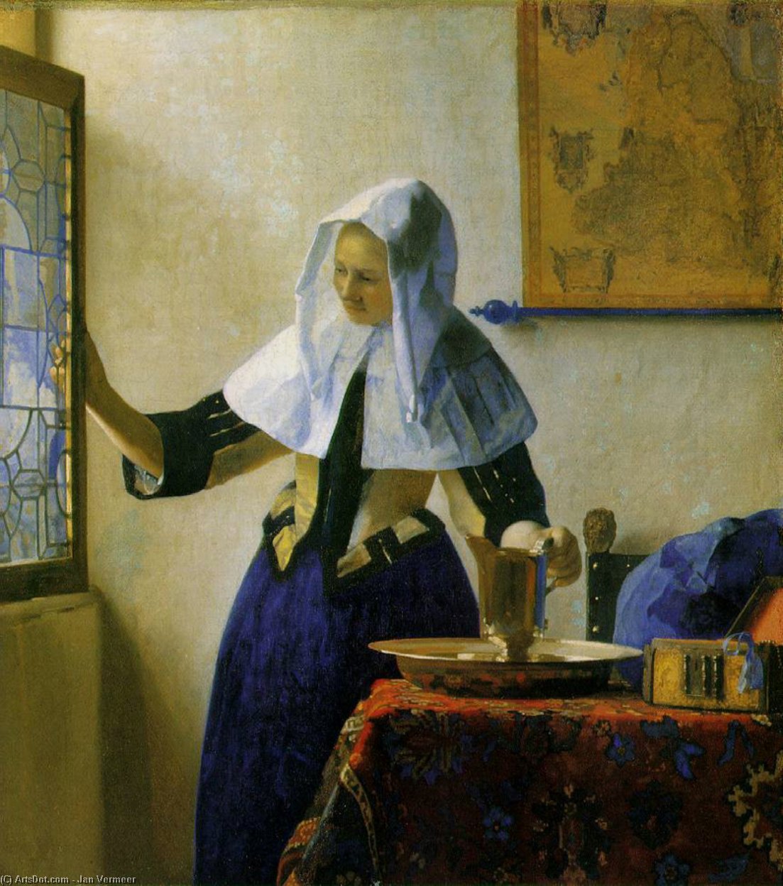 Wikioo.org - The Encyclopedia of Fine Arts - Painting, Artwork by Jan Vermeer - Young woman with a water pitcher, ca - (45,7)