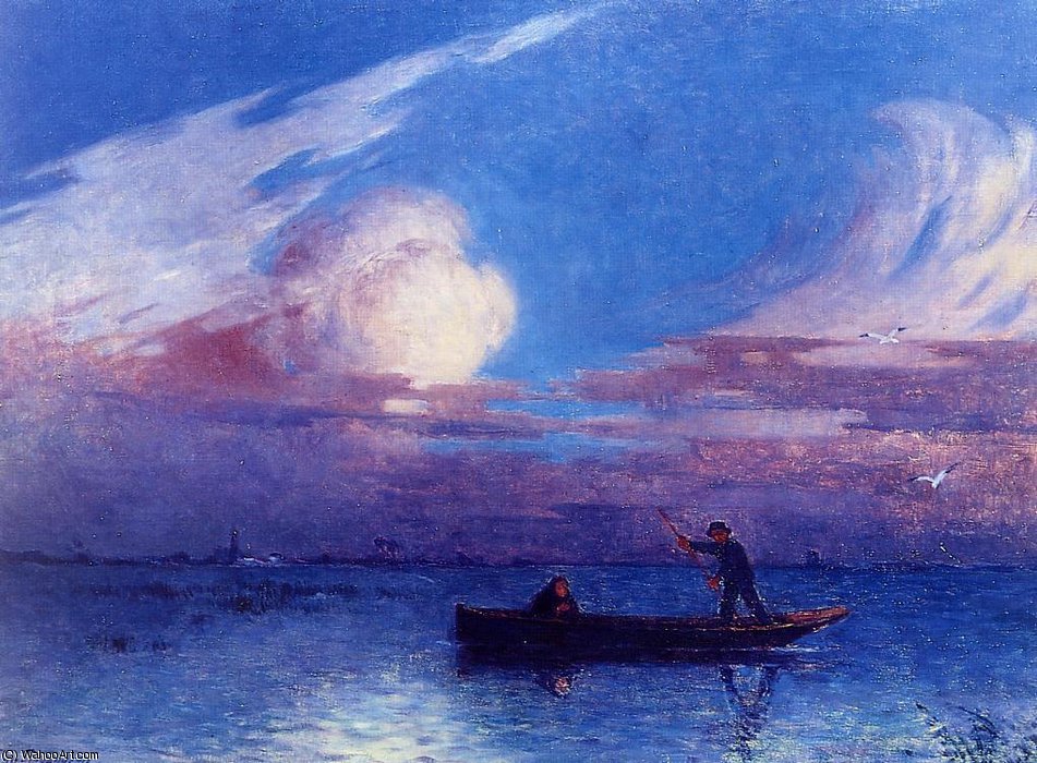 WikiOO.org - Encyclopedia of Fine Arts - Maleri, Artwork Ferdinand Du Puigaudeau - Boating at Night in Briere