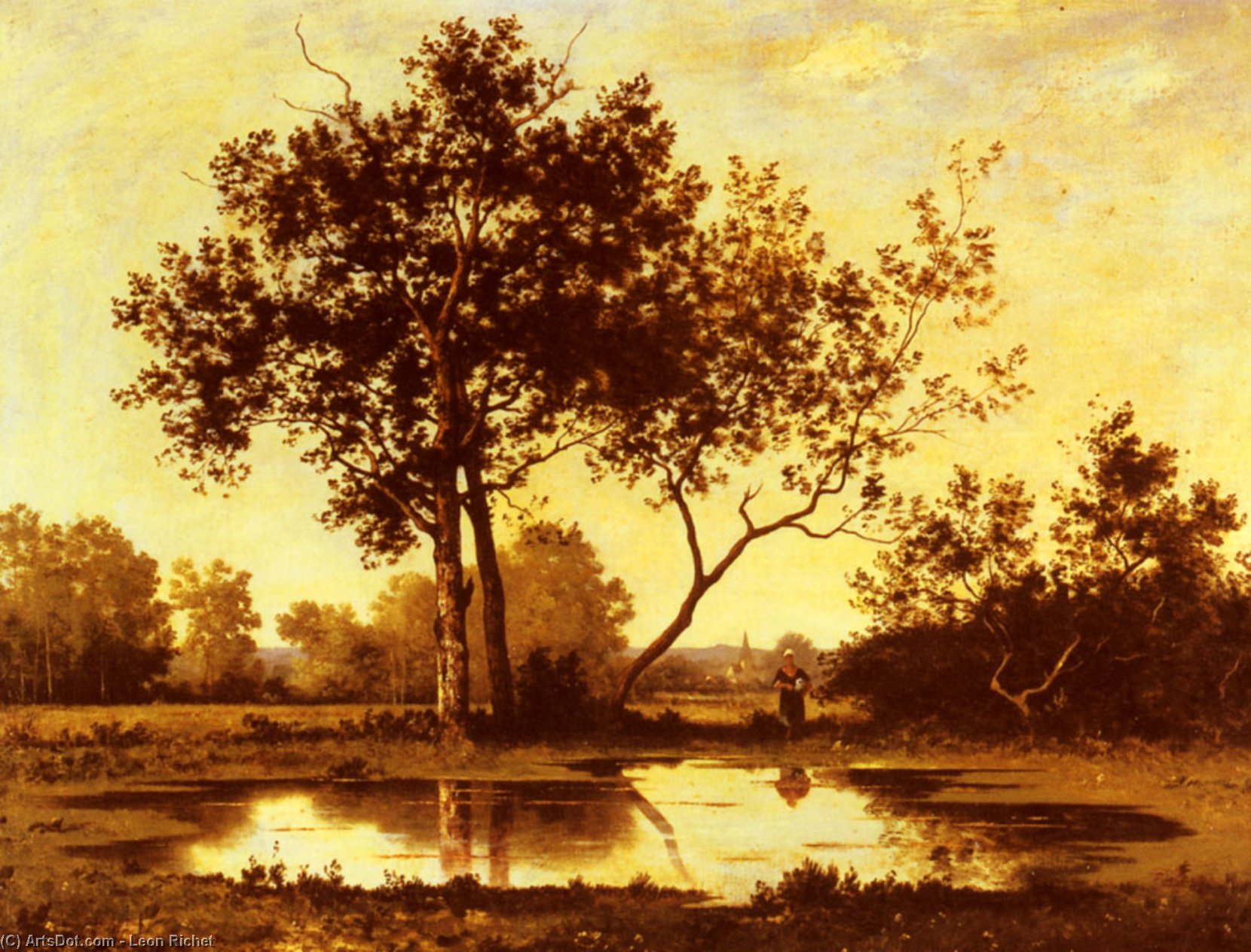 WikiOO.org – 美術百科全書 - 繪畫，作品 Leon Richet - 数字 旁  一个  池  在  一个  树木繁茂  风景
