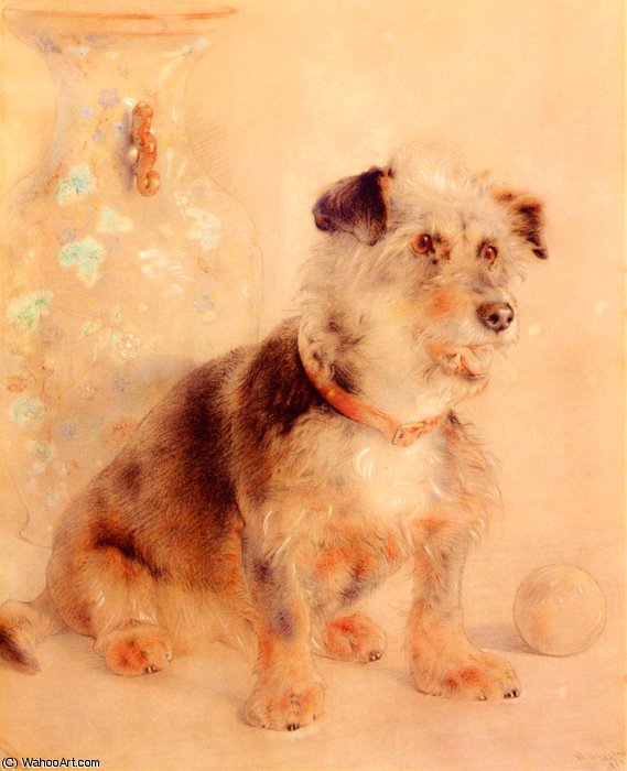 Wikioo.org – La Enciclopedia de las Bellas Artes - Pintura, Obras de arte de William Huggins - Terrier sentado ante un famille cantón florero rosa