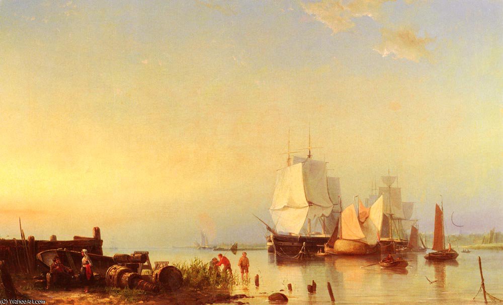 Wikioo.org - The Encyclopedia of Fine Arts - Painting, Artwork by Hermanus Koekkoek (The Elder) - Three Mast Ships at Anchor