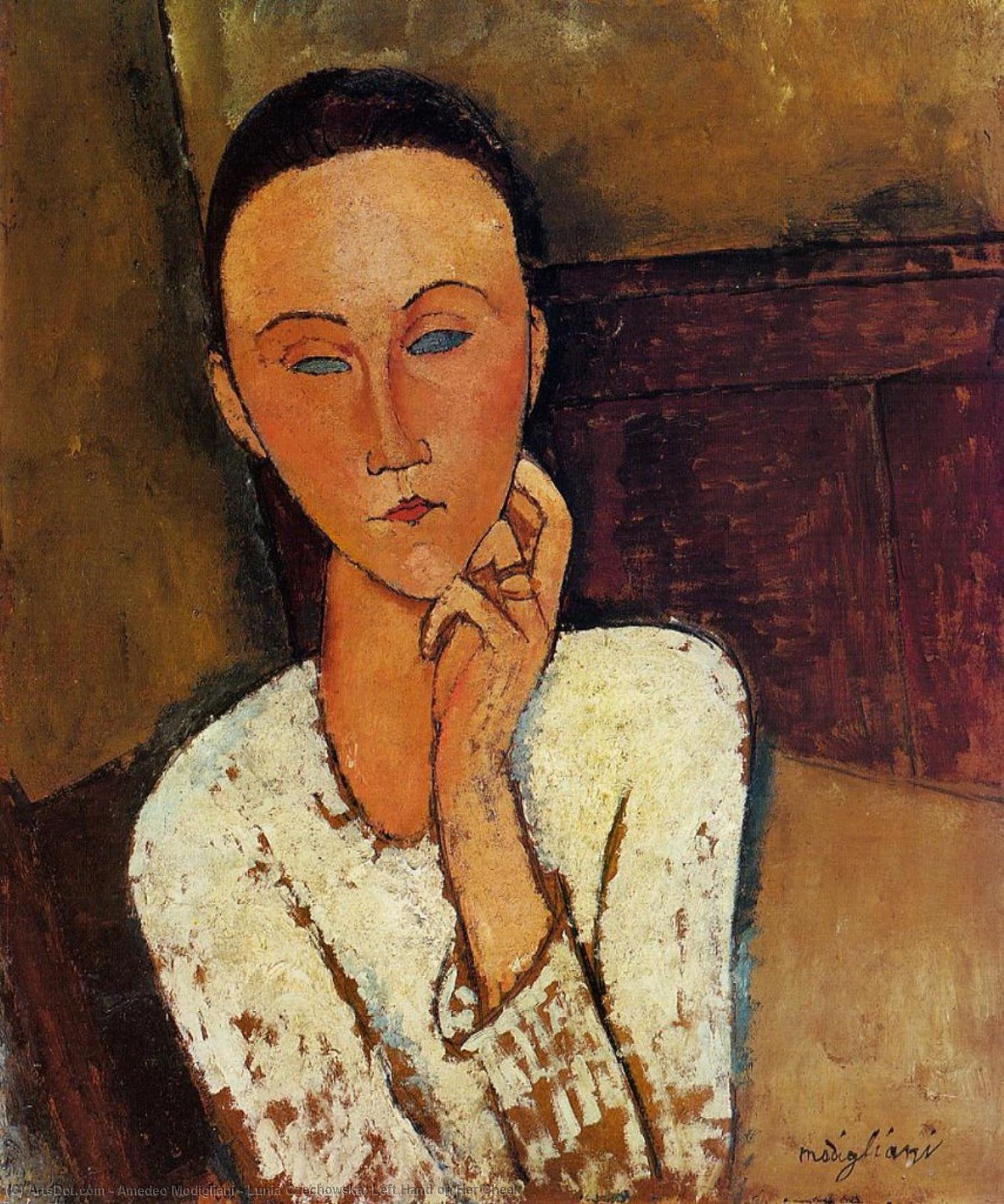 Wikioo.org – L'Encyclopédie des Beaux Arts - Peinture, Oeuvre de Amedeo Modigliani - lunia czechowska , la main gauche sur elle Joue